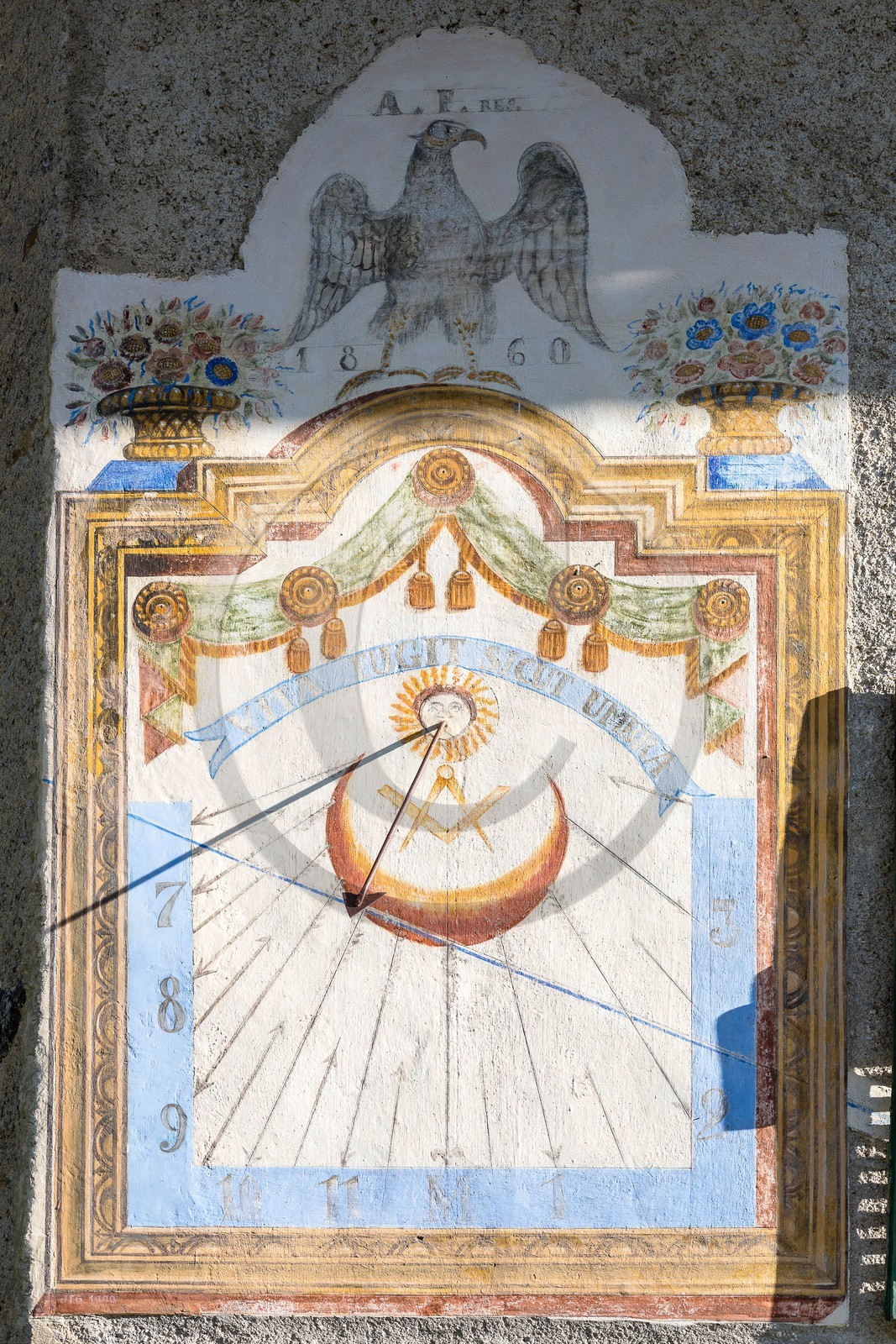 Saint-Paul-sur-Ubaye, hameau de Maljasset, cadran solaire Création Zarbula 1860 et restauration en 1990 par J.F. Gavoty