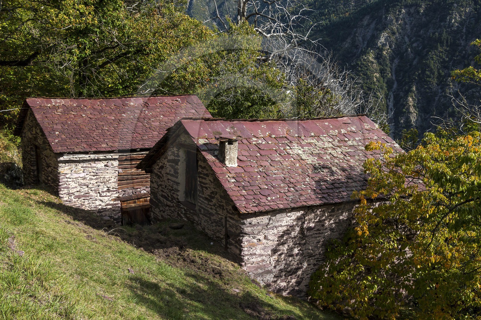 Roure, grange  de pierre rouge avec toit de lauze