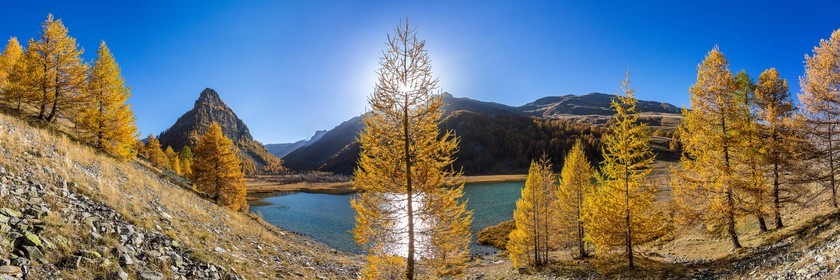 Jausiers, Lac des Sagnes et forêt de mélèzes à l'automne