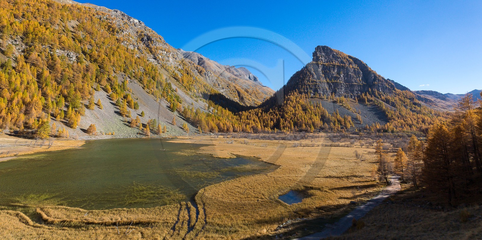 Jausiers, Lac des Sagnes et forêt de mélèzes à l'automne