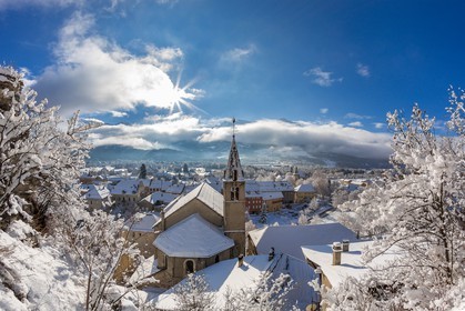 Jausiers, vue du Clocher, église Saint-Nicolas de Myre vue du Clocher du chemin du Chastel