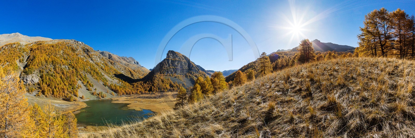 Jausiers, Lac des Sagnes et forêt de mélèzes à l'automne